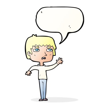 karikatür mutsuz çocuk konuşma balonuyla el sallıyor