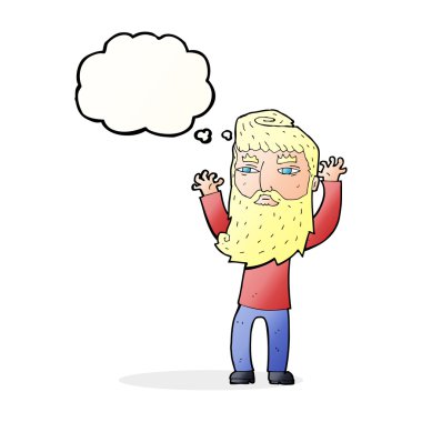 Çizgi film sakallı adam düşünce baloncuğuyla kollarını sallıyor.