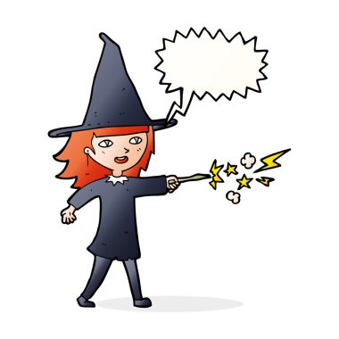 Çizgi film cadısı kız konuşma balonuyla büyü yapıyor.