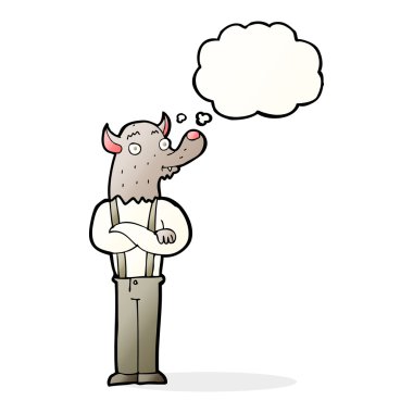 Düşünce baloncuğu olan çizgi film dostu kurt adam.