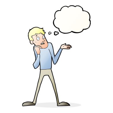 Düşünce baloncuklu sinirli bir adam.