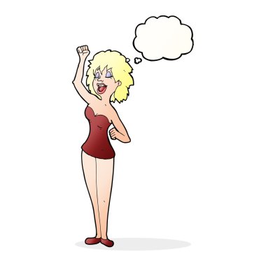 Düşünce baloncuğu olan dans eden kadın.