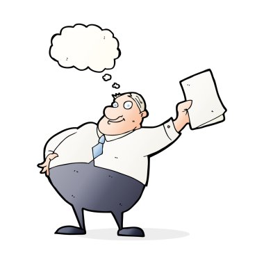 Çizgi film patronu düşünce balonuyla kağıtları sallıyor.