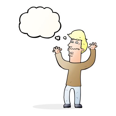 Düşünce baloncuklu sinirli bir adam.