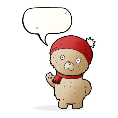 Kış şapkalı oyuncak ayı ve şallı konuşma baloncuğu.