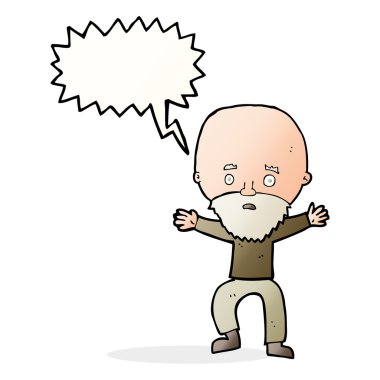 Çizgi film yaşlı adamı konuşma balonuyla panikletiyor.