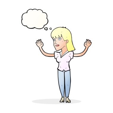 Çizgi filmdeki kadın düşünce baloncuğuyla ellerini havaya kaldırıyor.