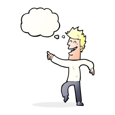 Çizgi film adamı düşünce balonuyla işaret edip gülüyor.