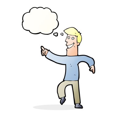 Düşünce baloncuğu ile sırıtan çizgi film adamı.