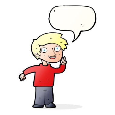 Çizgi filmci çocuk konuşma balonuyla fotoğraf için poz veriyor.