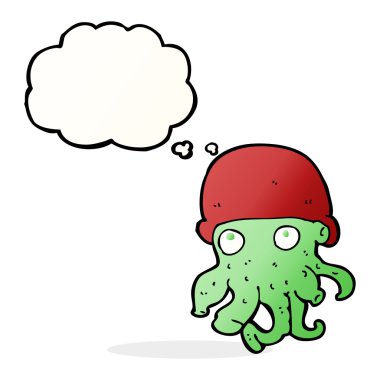 Düşünce baloncuklu şapka takan uzaylı kafası.