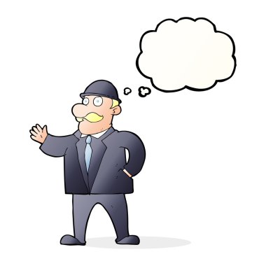 Düşünce baloncuklu melon şapkalı duyarlı iş adamı.