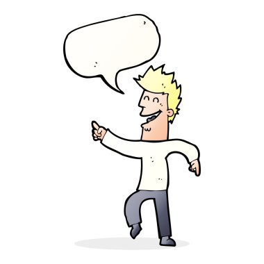 Çizgi filmci konuşma balonuyla işaret edip gülüyor.