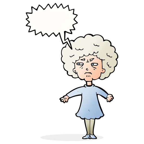 Cartoon bitter old woman with speech bubble — Stock Vector