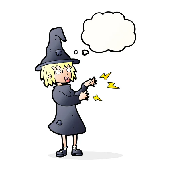 Cartoon witch casting spell with thought bubble — Stock Vector