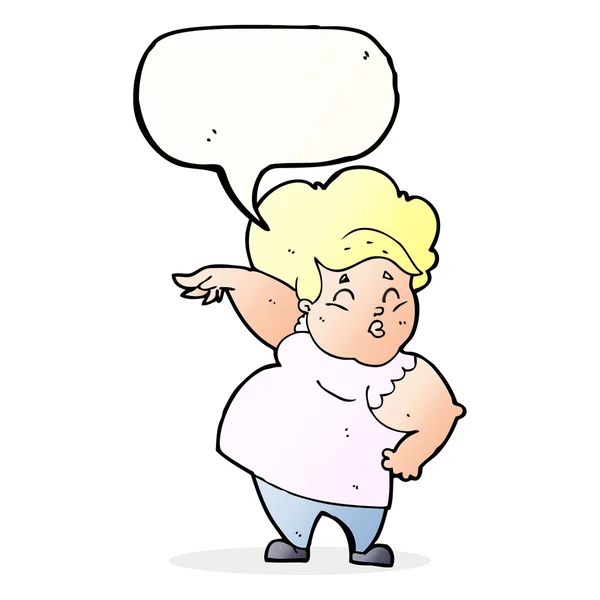 Cartoon happy overweight lady with speech bubble — Stock Vector