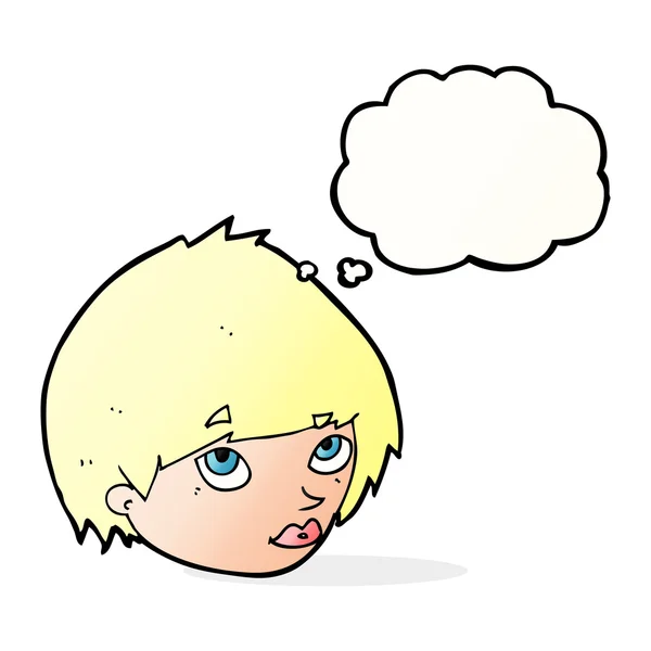 Cartone animato volto femminile guardando con bolla di pensiero — Vettoriale Stock