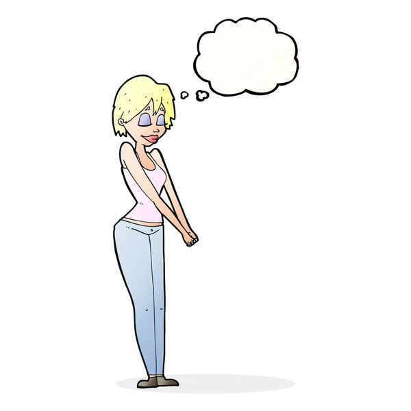 Γελοιογραφία γυναίκα περιεχόμενο με φούσκα σκέψης — Διανυσματικό Αρχείο