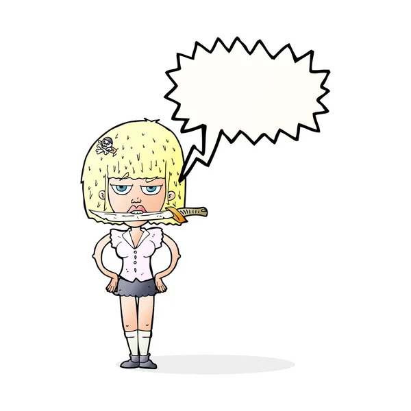 Mujer de dibujos animados con cuchillo entre dientes con burbuja del habla — Archivo Imágenes Vectoriales