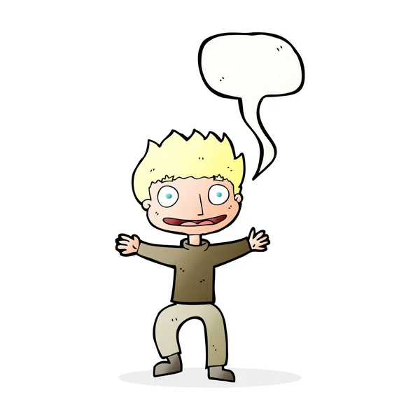 Cartoon grijnzende jongen met spraakbel — Stockvector