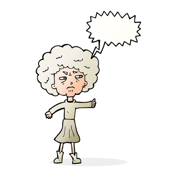 Cartoon annoyed old woman with speech bubble — Stock Vector