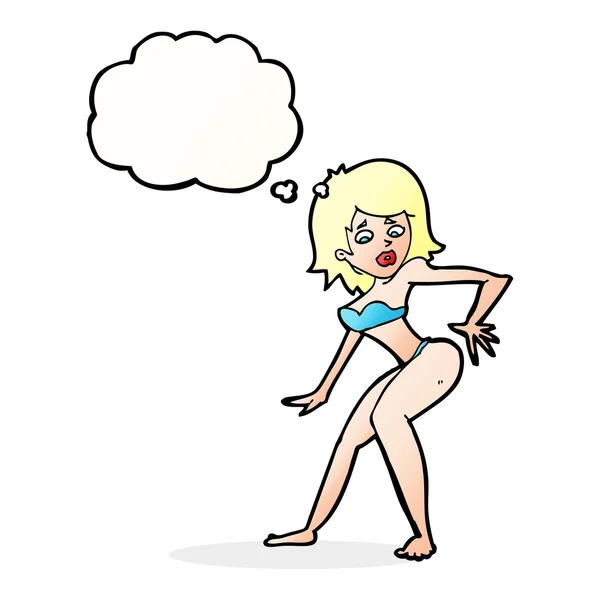 Cartoon vrouw in bikini met gedachte bubble — Stockvector