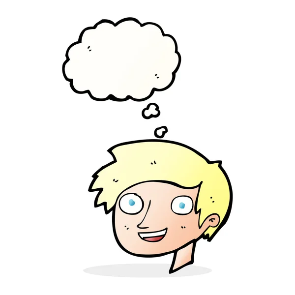 Karikatur glückliches Jungengesicht mit Gedankenblase — Stockvektor
