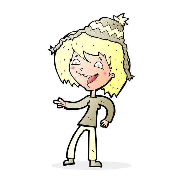 Femme dessin animé riant et pointant avec bulle de parole — Image vectorielle