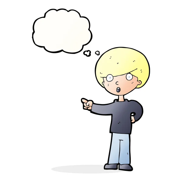 Cartone animato che indica ragazzo con bolla di pensiero — Vettoriale Stock