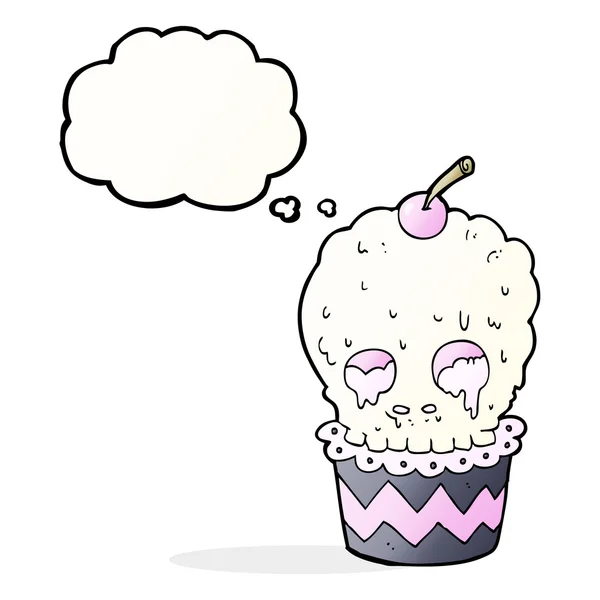 Effrayant crâne cupcake dessin animé avec bulle de pensée — Image vectorielle