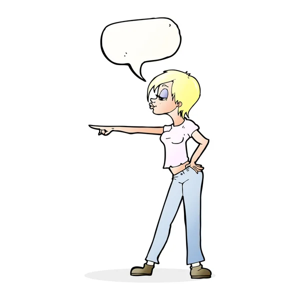 Dibujos animados mujer apuntando con el habla burbuja — Vector de stock