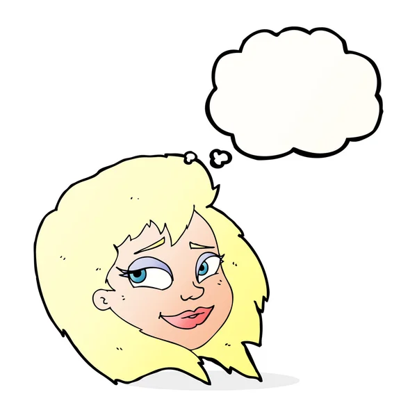 Cartoon gelukkig vrouwelijk gezicht met gedachte zeepbel — Stockvector