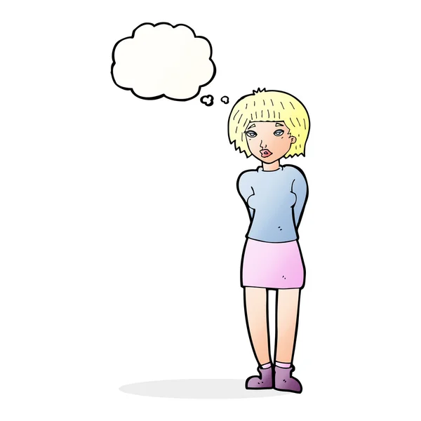 Cartoon shy woman with thought bubble — Stock Vector