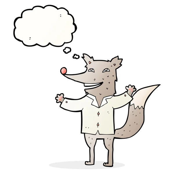 Dibujos animados lobo feliz con camisa con burbuja de pensamiento — Vector de stock
