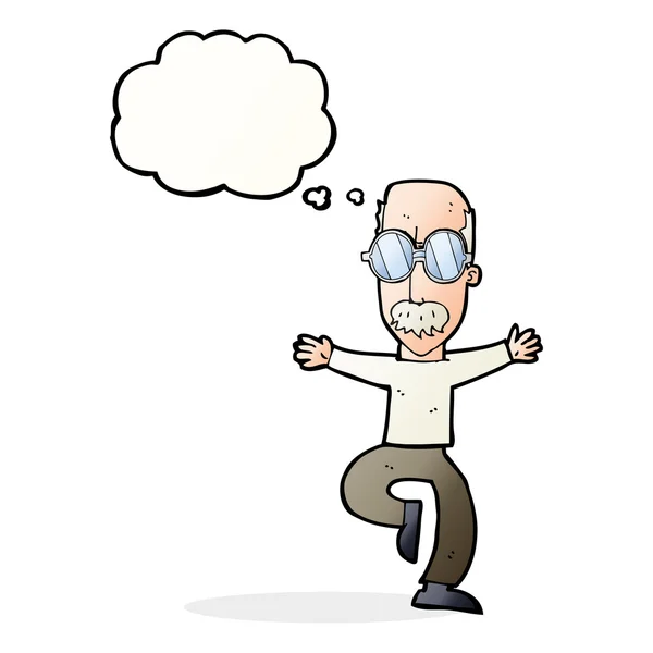 Dessin animé vieil homme portant de grandes lunettes avec bulle de pensée — Image vectorielle