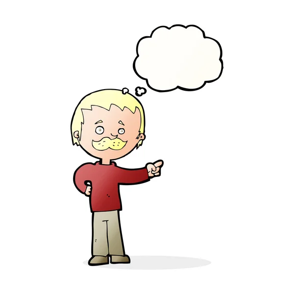 Karikaturist mit Schnurrbart zeigt mit Gedankenblase — Stockvektor