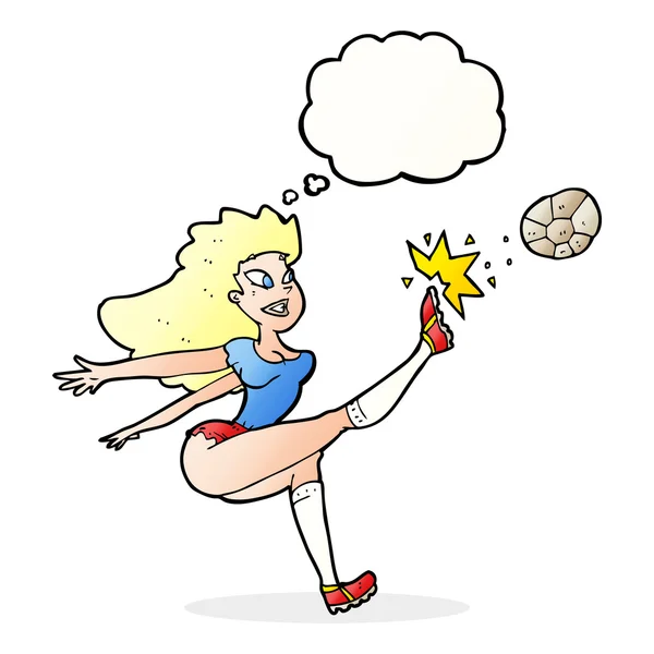 Cartoon-Fußballerin kickt Ball mit Gedankenblase — Stockvektor