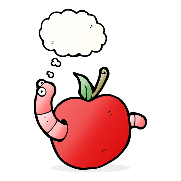 Kreslený červ v jablku s myšlenkovou bublinou — Stockový vektor