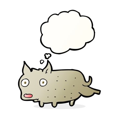 Düşünce baloncuğuyla bacağını sallayan küçük bir köpek.