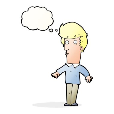 Düşünce baloncuğu olan ürkmüş bir adam.