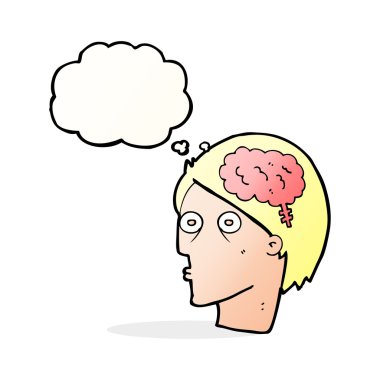 Düşünce baloncuklu beyin sembollü çizgi film başı