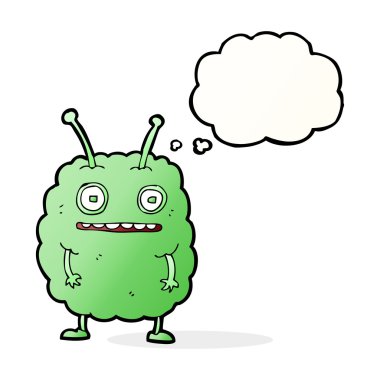 Düşünce baloncuklu komik uzaylı canavar.