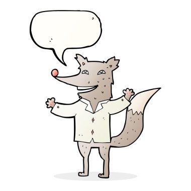 Mutlu Kurt çizgi filmi konuşma balonlu gömlek giyiyor.