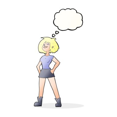 Düşünce baloncuğu olan yetenekli kadın.