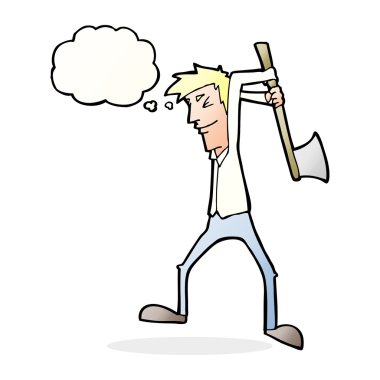 Düşünce baloncuğuyla balta sallayan çizgi film adamı.