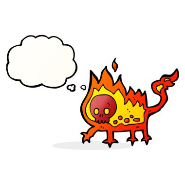 Düşünce baloncuğu olan küçük ateş şeytanı.