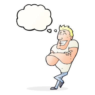 Düşünce baloncuğu olan kaslı adam.