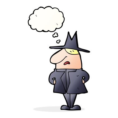 Düşünce baloncuklu palto ve şapka giyen adam.