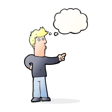 Çizgi film meraklısı adam düşünce balonunu işaret ediyor