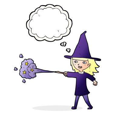 çizgi film cadısı kız düşünce baloncuğuyla büyü yapıyor.